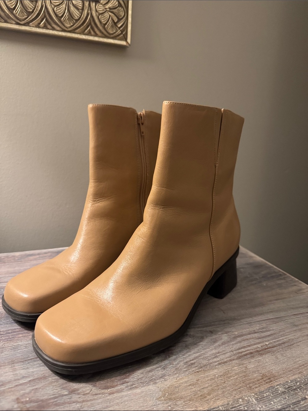 Tan Camel Leather Retro Style square Ankle Boots